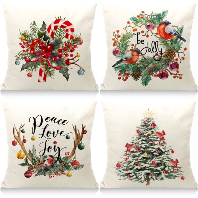 Fundas de cojines navideños JAMW de lino y algodón 18x18 Juego de 4 para la decoración del hogar de la granja