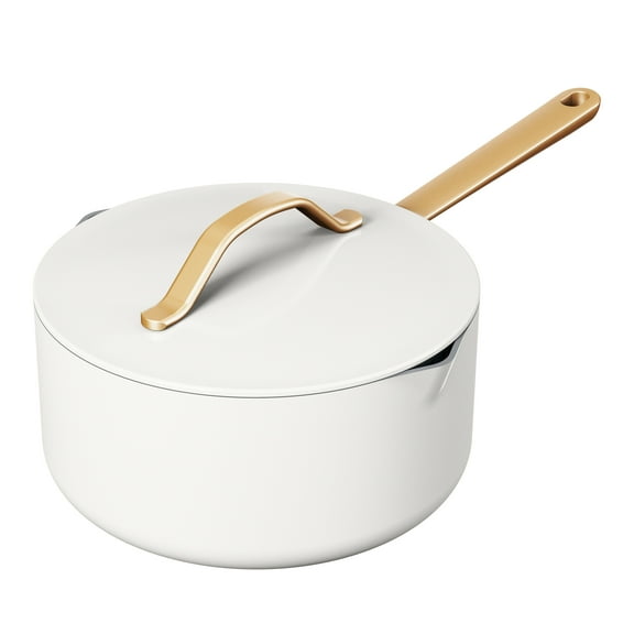 Beautiful 3 Quart Ceramic Non-Stick Covered Sauce Pan with Strainer Lid, White Icing by Drew Barrymore