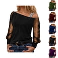 thumbnail image 1 of Sparkly Tops for Women 2026 Spring Fashionable Y2K Long Sleeve Off Shoulder Mesh T Shirts Going out Top Rave Outfits, 1 of 4