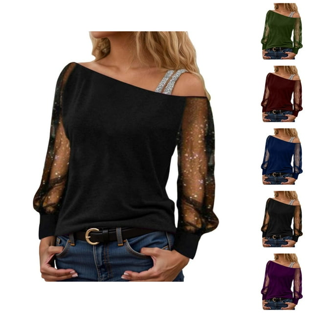 Sparkly Tops for Women 2026 Spring Fashionable Y2K Long Sleeve Off Shoulder Mesh T Shirts Going out Top Rave Outfits