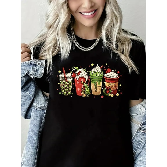 Merry Christmas Tshirt Christmas Drink Print Short Sleeve Shirt for Women