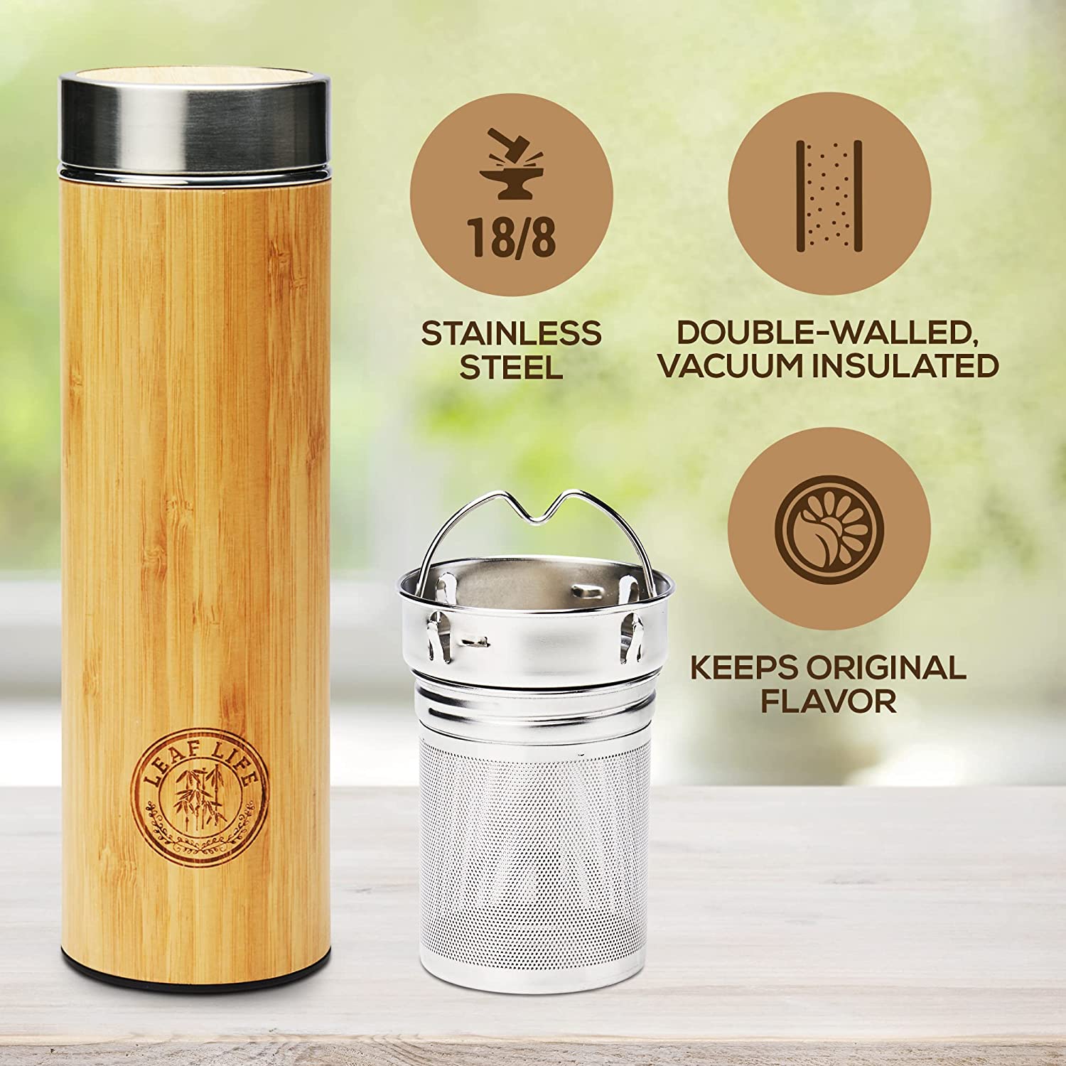 LeafLife Premium Bamboo Thermos with Tea Infuser & Strainer 17oz capacity - Keeps Hot & Cold for 12 Hrs - Vacuum Insulated Stainless Steel Travel Tea Tumbler Infuser Bottle for Loose Leaf Tea & Coffee - image 4 of 9