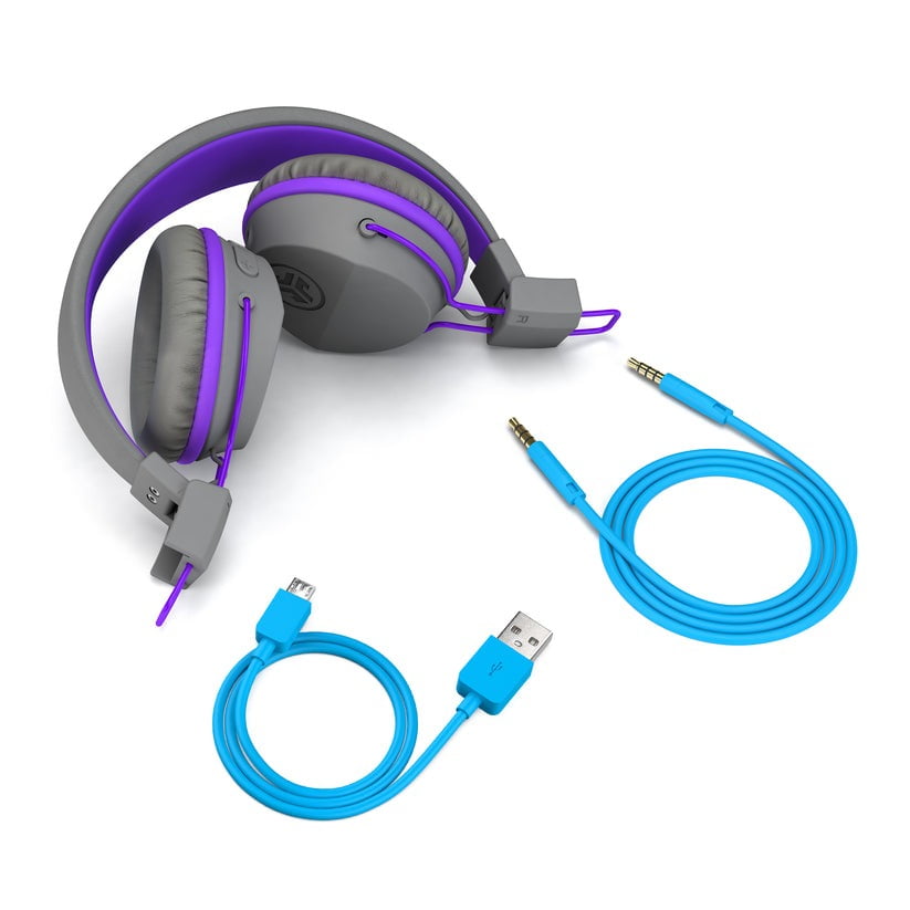 JLab JBuddies Studio Wireless On-Ear Kids Headphones, Volume Limiter, Folding, Adjustable, Bluetooth, Graphite/Purple