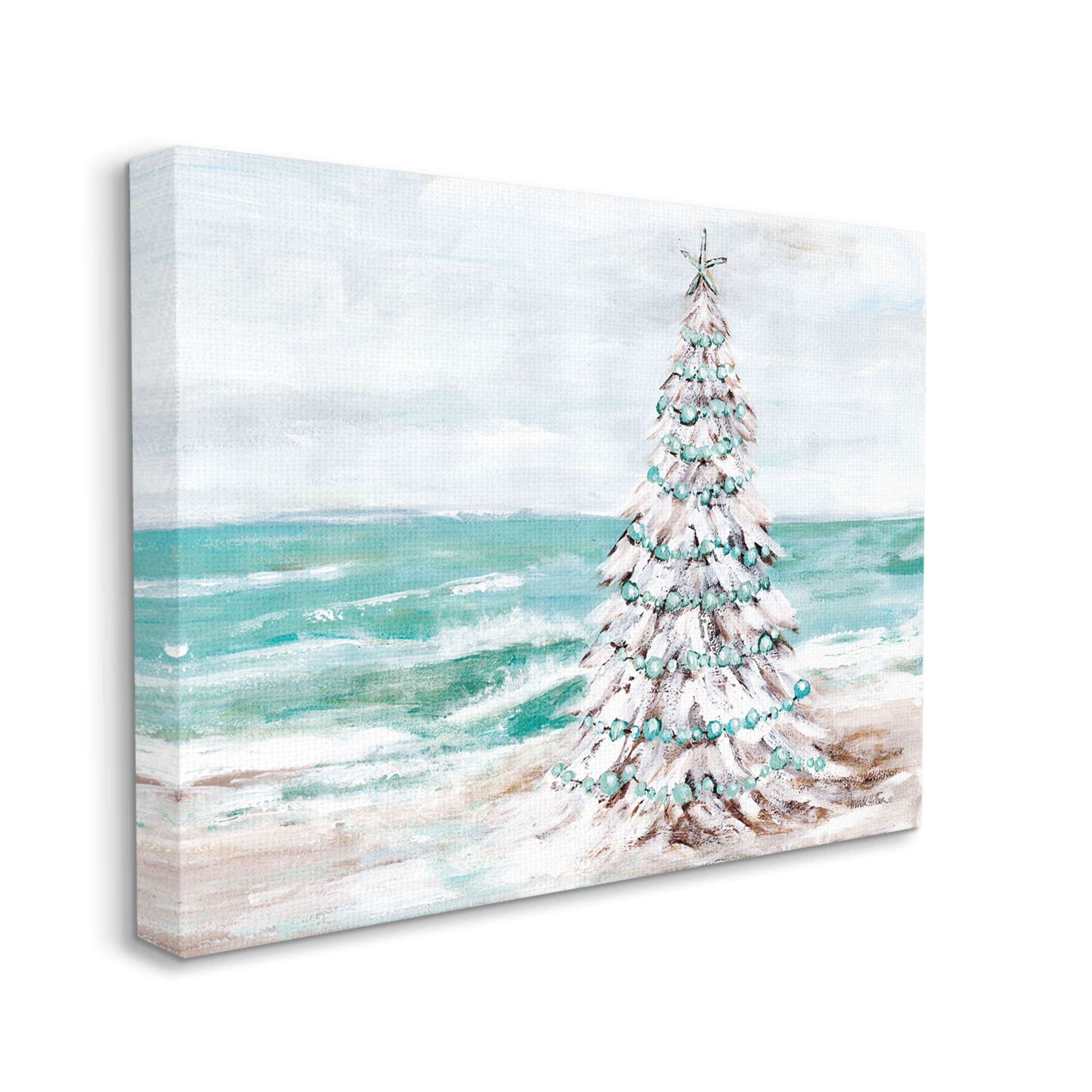 Snowy Christmas Tree Beach Shore Holiday Painting Gallery Wrapped Canvas Print Wall Art