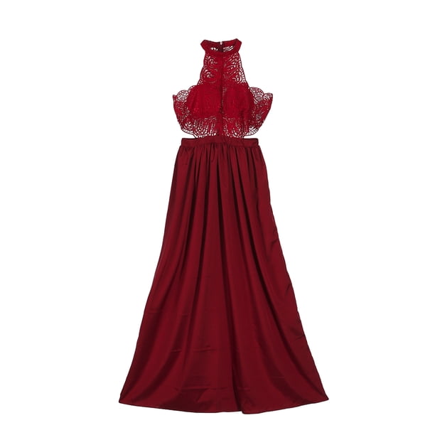 Vestido halter de encaje calado para mujer, vestido plisado de cintura alta de ganchillo XBTCLXEBCO L;Rojo