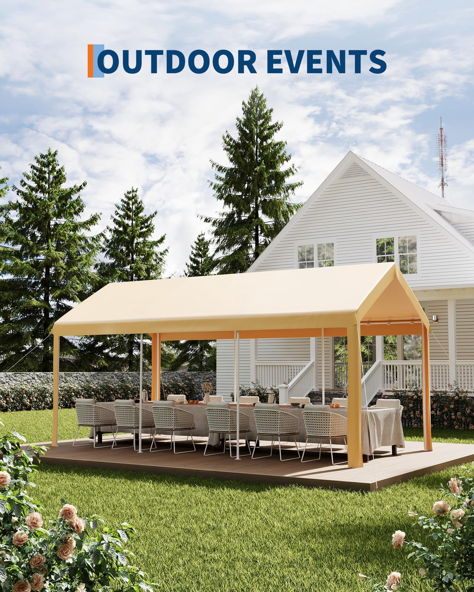10X20 FT Carport Canopy, Portable Car Tent Garage with Roll-Up Door, All-Season Tarp Cover, Removable Side Walls, Outdoor Storage Shed,Yellow