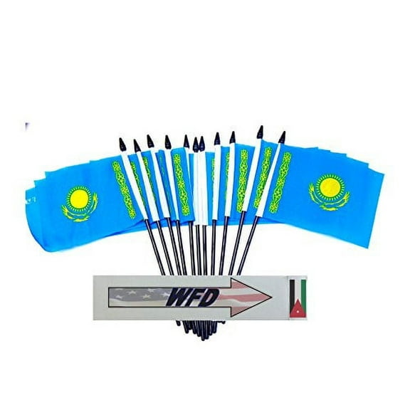Pack of 12 4"x6" Kazakhstan Polyester Miniature Desk & Little Table Flags, 1 Dozen 4"x 6" Kazakh Small Mini Hand Waving Stick Flags (Flags Only)