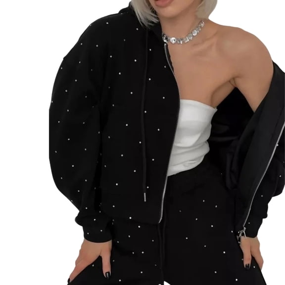 Sweatsuit Set for Women | Rhinestone | Lounge Zip Up Oversized Hoodie Baggy Pant Tracksuit Sets | for Streetwear