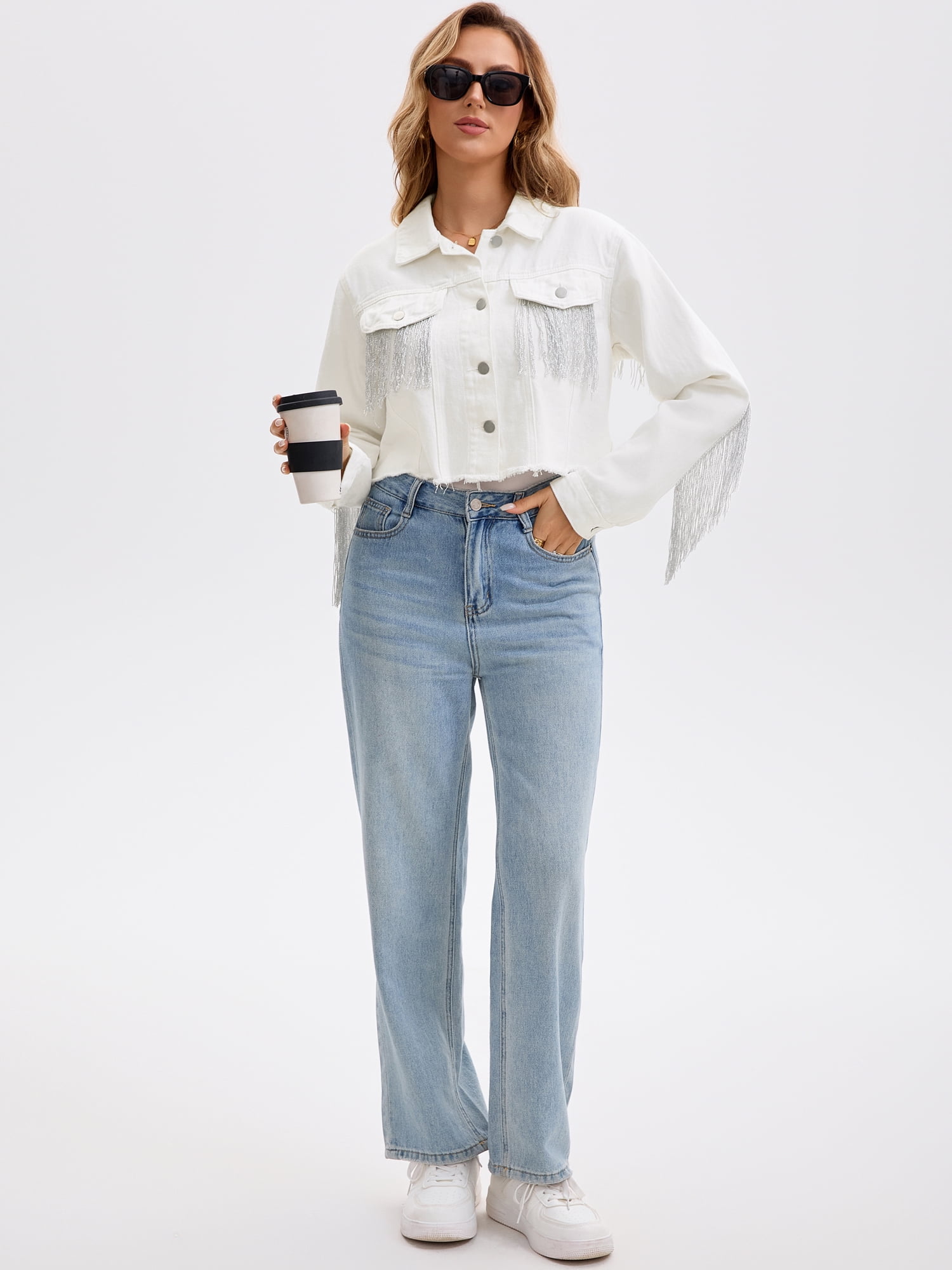 DARING DIVA Women's Cropped Jean Long Sleeve Frayed Tassel Fringe Denim Jacket L White