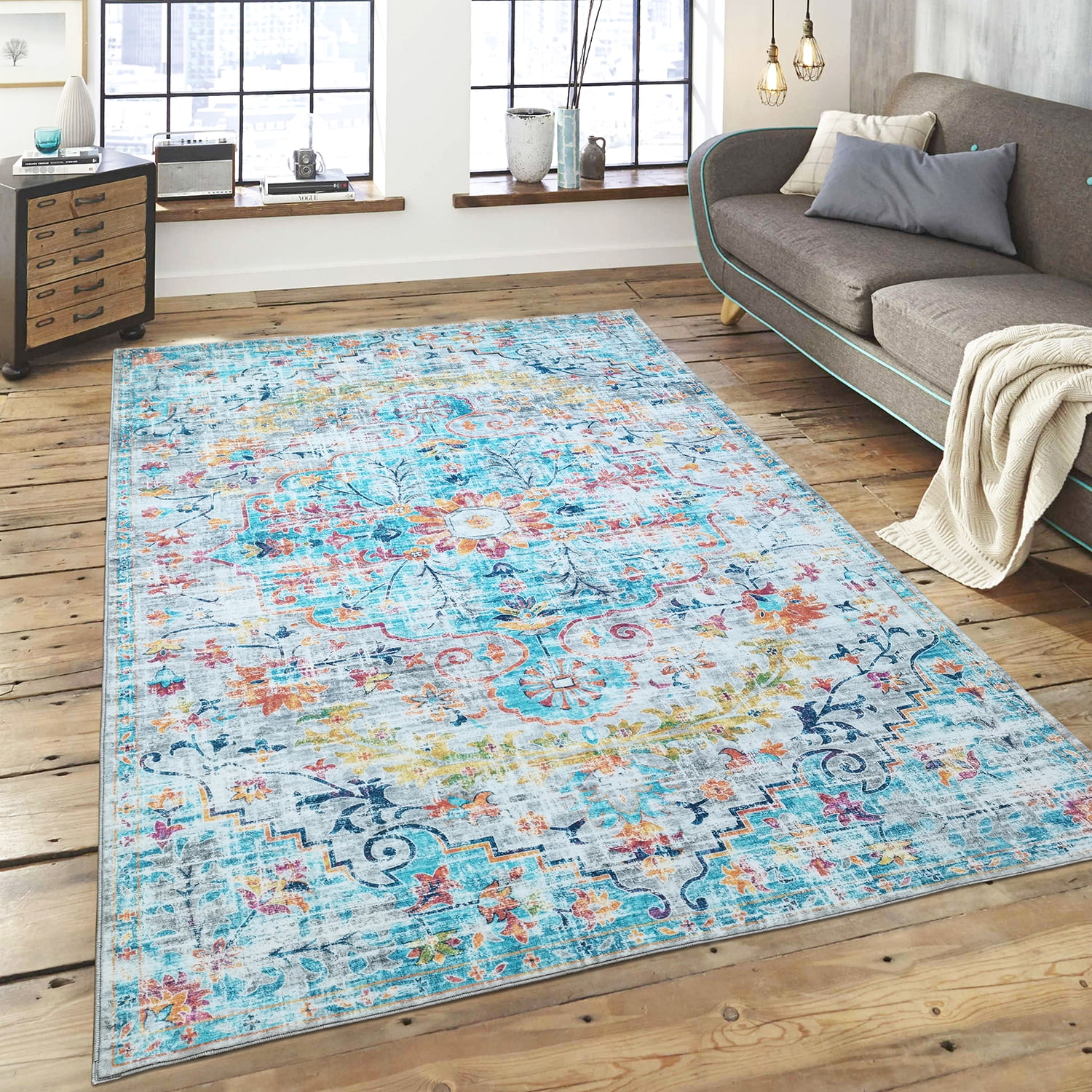 METSAVAIM 8x10 Rug - Ultra Soft Aqua Multi Area Rug for Bedroom, Living Room & Office | Non-Slip Machine Washable Rugs, Ideal for Indoor & Outdoor Use