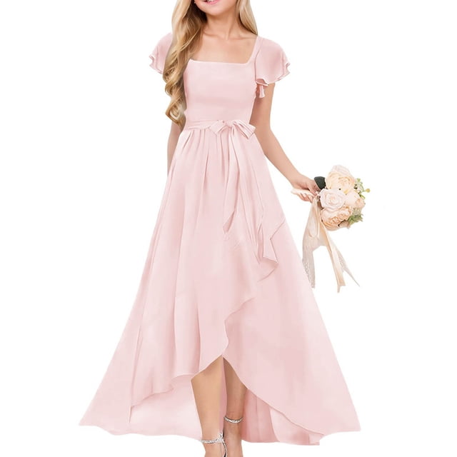 Robe pour Fille, Robe d'Été pour Fille pour Fête à Manches Courtes, Col Rond, Robe Trapèze Tournoyante avec Jupe Évasée pour Tout-Petite à Ado