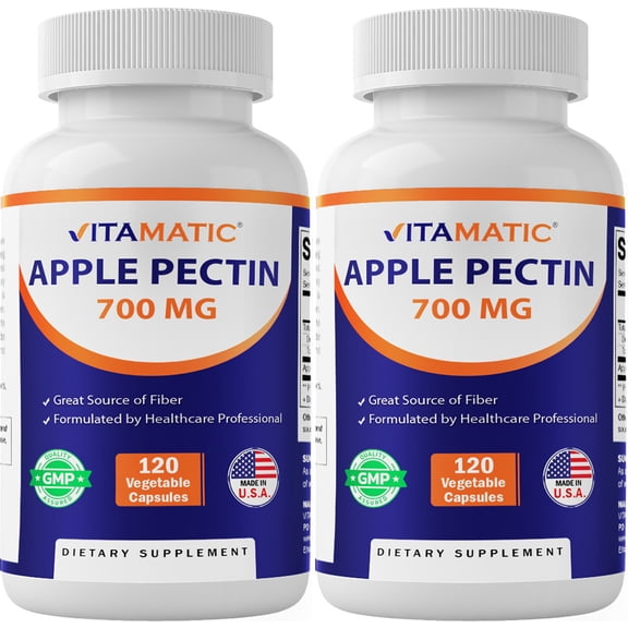 2 Pack Vitamatic Apple Pectin 700 mg 120 Vegetarian Capsules - Dietary Fiber - Promotes Healthy Intestinal Health*