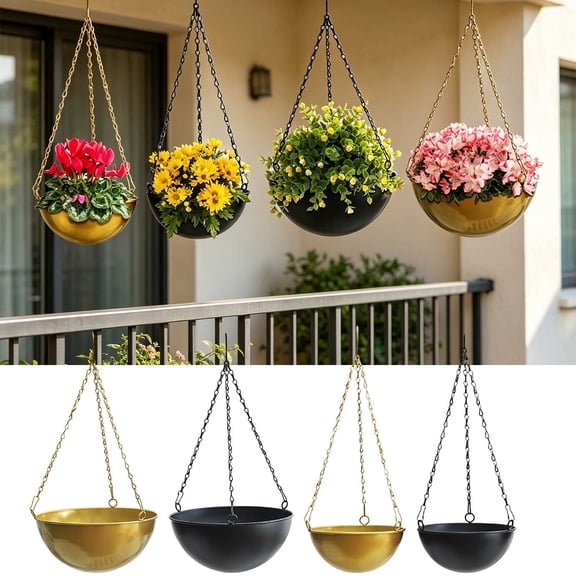Metal Hanging Planters with Chains Black and Gold Modern Bowl Shaped Flower Pots for Indoor Outdoor Balcony Patio Garden Home Decor