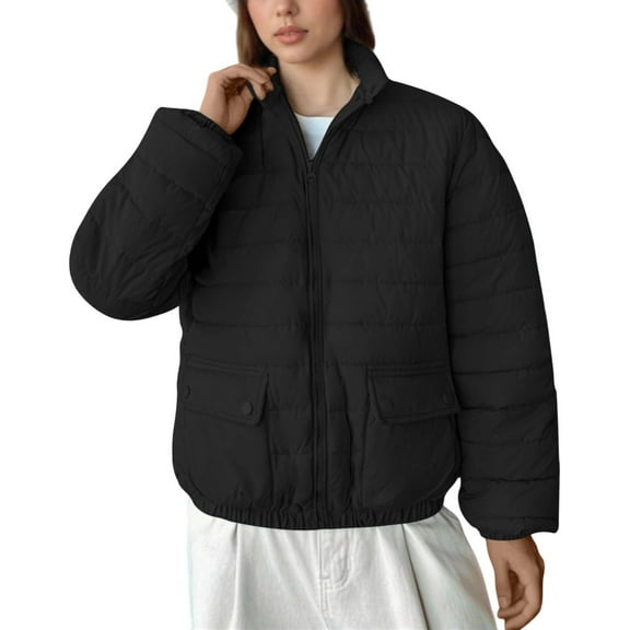 LEBONYARD Women's Fashion Standing Collar Hoodless Zipper Puffer Jacket Casual Solid Colored Long Sleeve Button Pocket Loose Fit Warm Outwear Coat