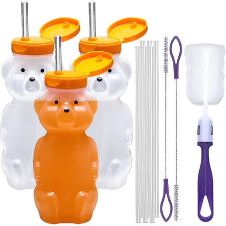 Special Supplies Honey Bear Straw Cup for Babies — Spill-Proof Juice Bottle, 6 Flexible Reusable Straws — Special Needs Assistive Cup, Pack of 3 Bottle