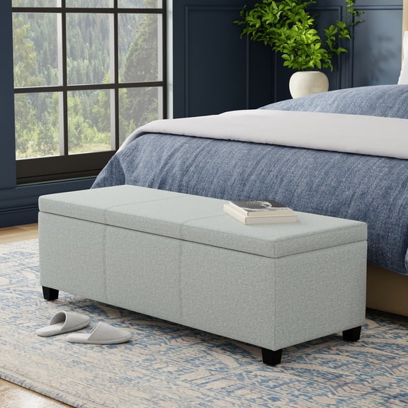Avalon 48 inch Wide Transitional Storage Ottoman Bench in Light Stone Grey Linen Look Fabric