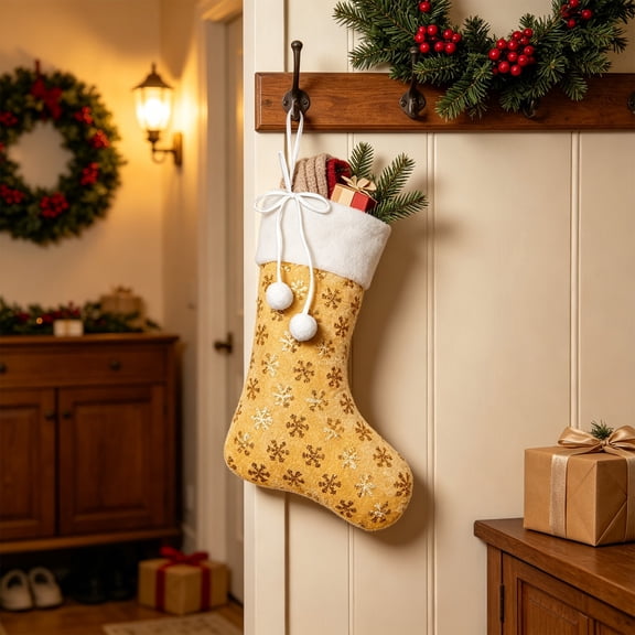 JeashCHAT 18inch Christmas Stockings, Glitter Sequin Snowflake Christmas Stockings with White Super Soft Plush Cuff and Bow for Xmas Tree Fireplace Family Holiday Decor Gifts