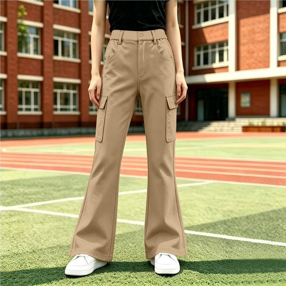 Girls Flare Cargo Pants Casual High Waist Pull On Stretch Kids Wide Leg Pants Khaki 5-14
