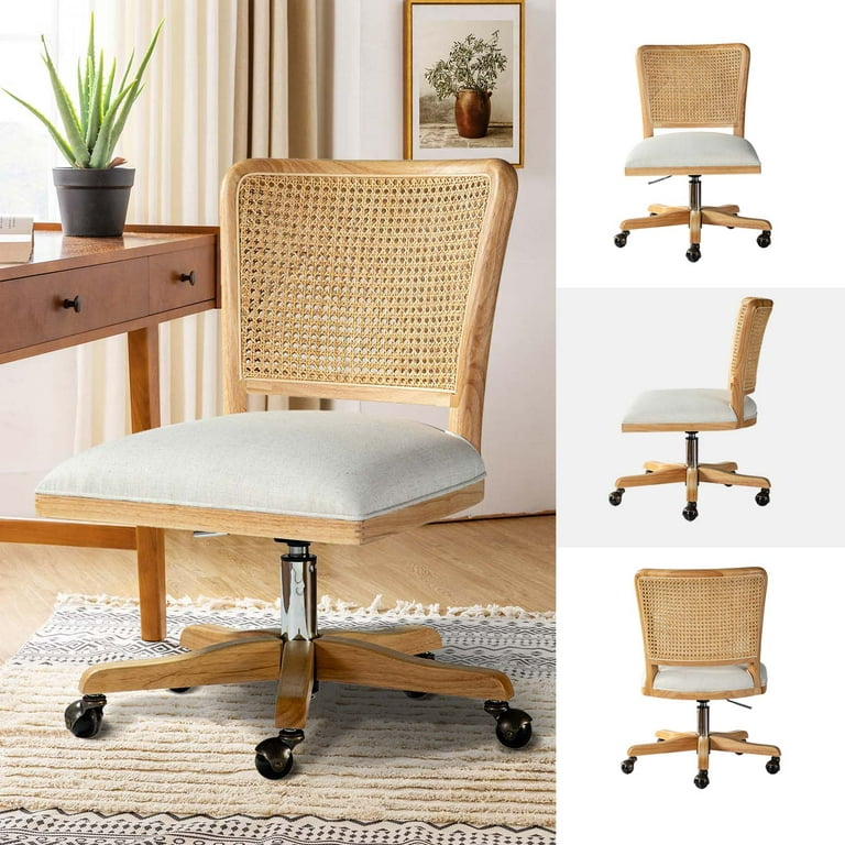 Retro Bamboo Rattan Woven Backrest Chair Office 360-Degree Swivel and Lift  Computer Chair Study Office Chair Single Seat