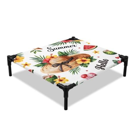 Hello Summer Elevated Dog Bed Tropical Plants Watermelon Straw Hat Cooling Breathable Outdoor Raised Dog Cot Bed with Metal Frame Non-Slip Feet for Small Dog 20x20in