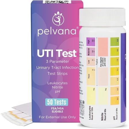Pelvana Urinary Tract Infection Test Strips, 50-Count, 3-Parameter Nitrite, Leukocytes and pH Readings, At-Home UTI Urine Test for Women