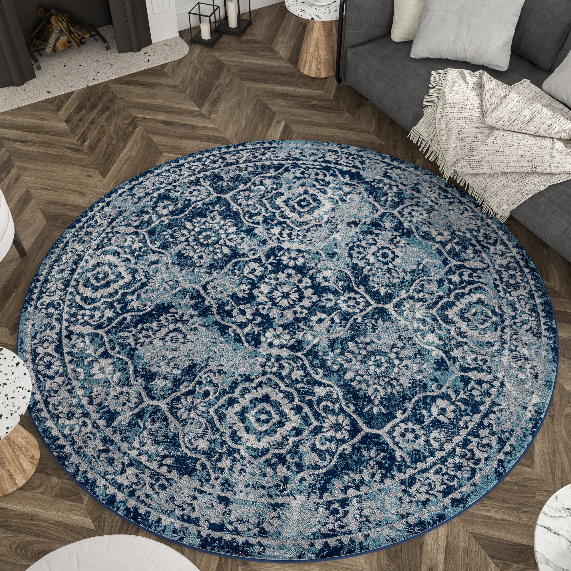 6ft Round Modern Blue Round Area Rugs for Living Room | Bedroom Rug | Dining Room Rug | Indoor Entry or Entryway Rug | Kitchen Rug | Alfombras para Salas 5'3'' Round