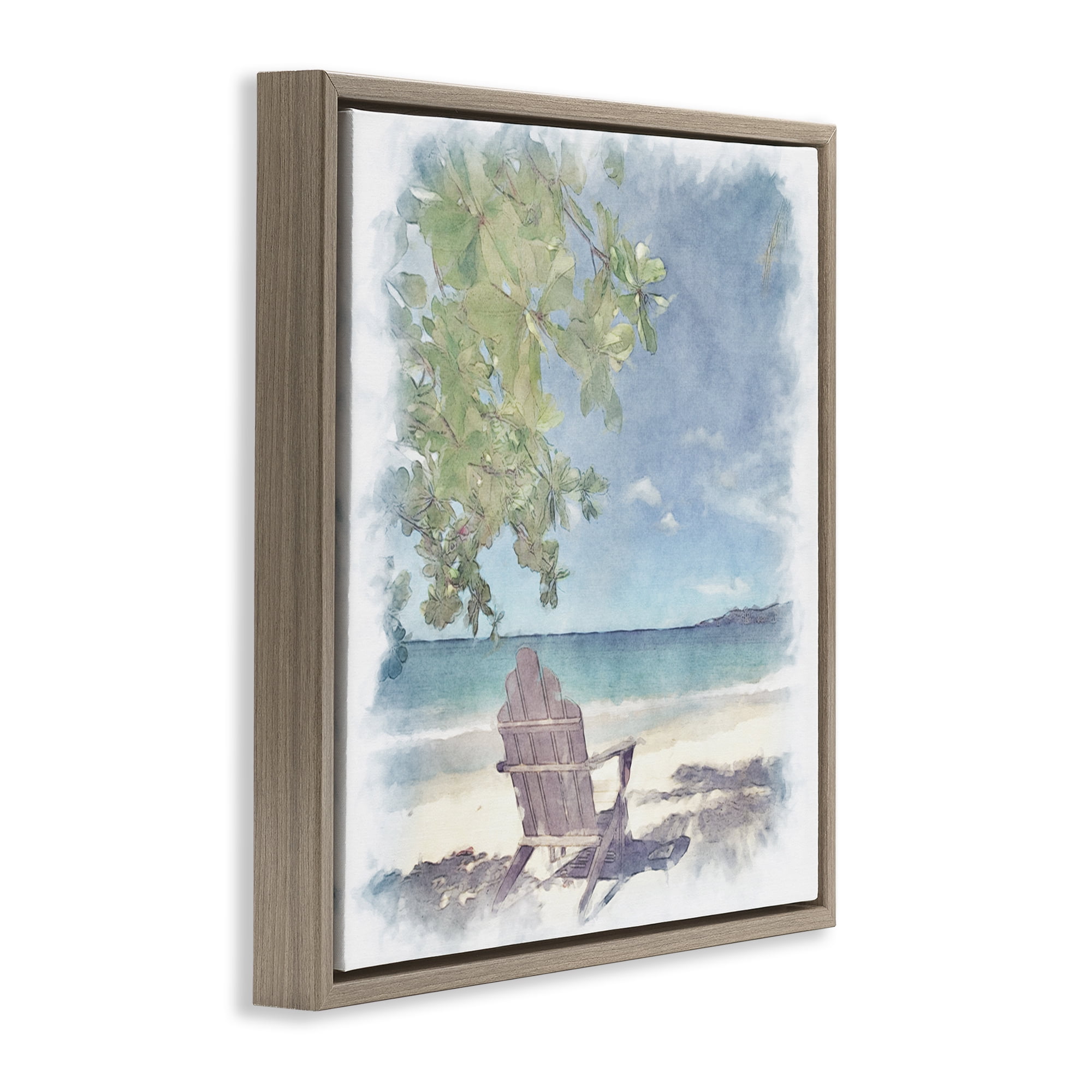 Stupell Industries Lone Chair Beach Shore Landscape & Nature Painting Brown Floater Framed Canvas Art Print Wall Art, 25 x 25