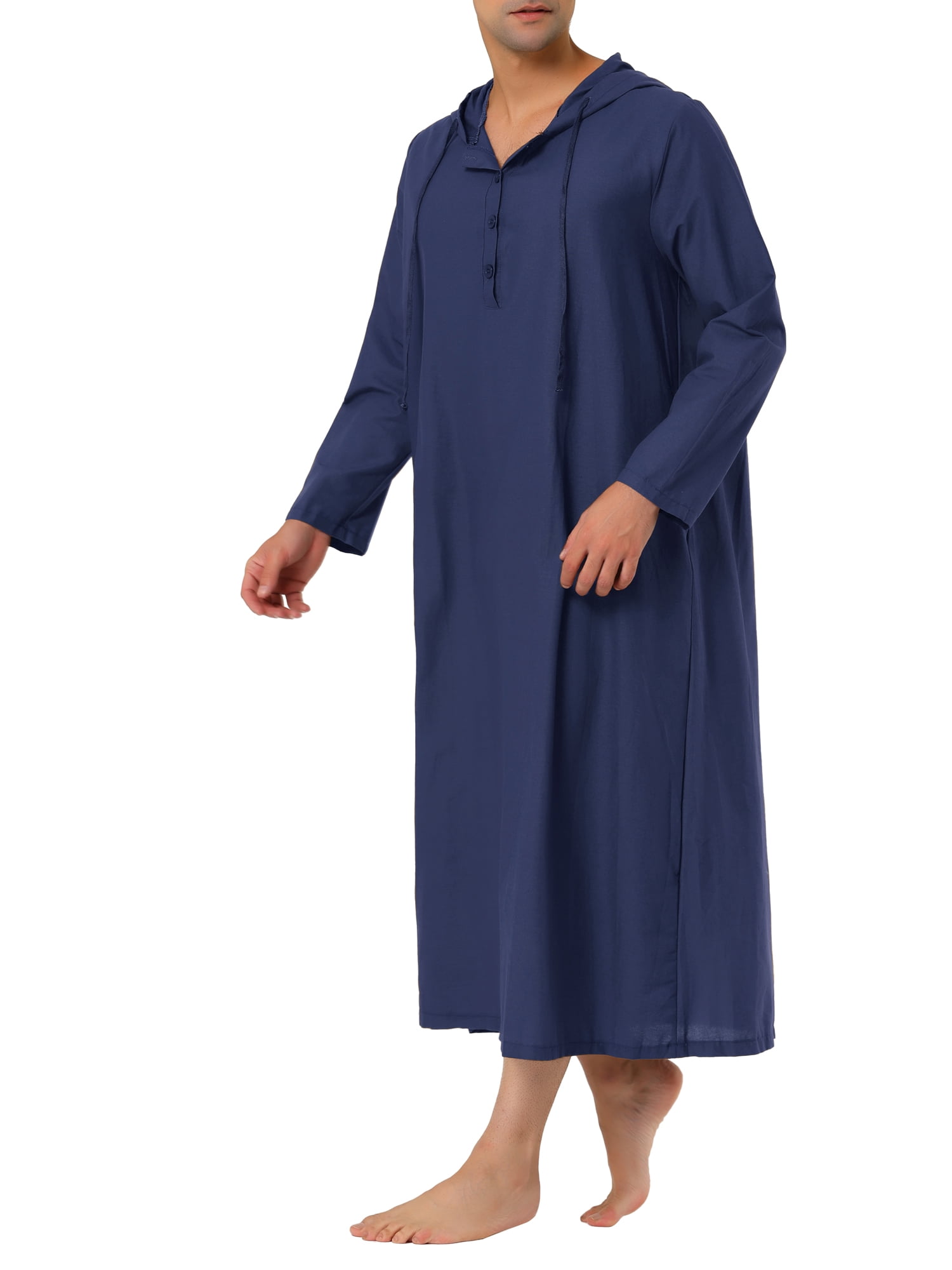 Unique Bargains Men's Nightshirt Long Sleeves Hooded Loungewear Nightgown Pajamas S Navy Blue