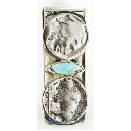 2 Vintage Style OLD Buffalo Coin Certified Authentic Navajo .925 Sterling Silver and Nickel Natural Turquoise Native American Money (Best Way To Clean Old Silver Coins)