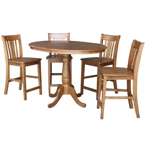 36" Round Solid Wood Extension Dining Table with 4 San Remo Stools in Distressed Oak by International Concepts