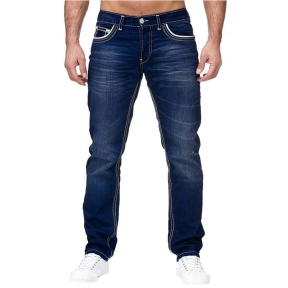 Straight Leg Jean for Men with Embroidered Design Elastic Waist Jeans with Pockets Wide Leg Denim Baggy Comfy Outdoor Casual Work Casual Jean Pants,Blue 4XL