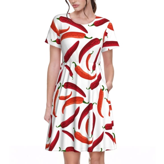 Spring Summer Dresses for Women 2025 - Chili Pepper Print Red Wedding Guest Dresses, Beach Vacation Clothes, Hawaiian Sundresses Casual Short Sleeve Dress for Women with Pockets