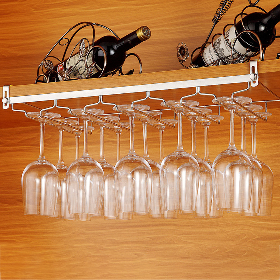 5 Rows DrillFree Installation Stainless Steel Stemware Hanger Wine Glass Holder Decorative