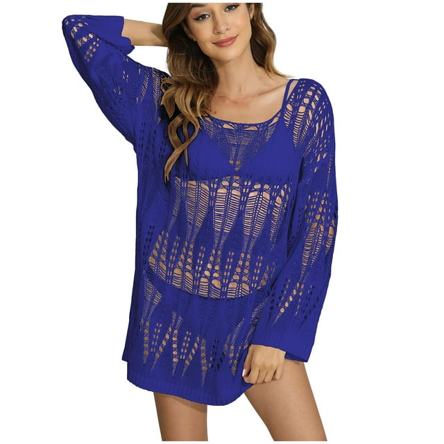 Plebaso Maillot de Bain à Manches Longues pour Femmes Robe de Plage Ajourée Tenue de Vacances pour Femmes