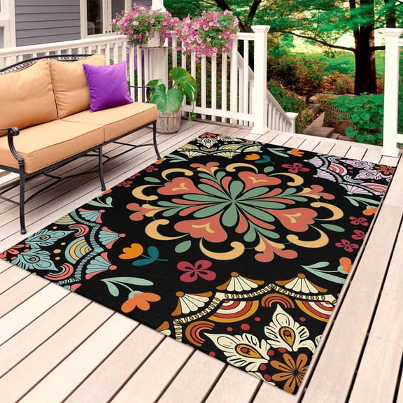 Black Boho Outdoor Rug for Patio/Deck/Porch, Non-Slip Large Area Rug 4 x 6 Ft, Ethnic Country Colorful Abstract Floral Motifs Indoor Outdoor Rugs Washable Area Rugs, Camping Rug Carpet Runner