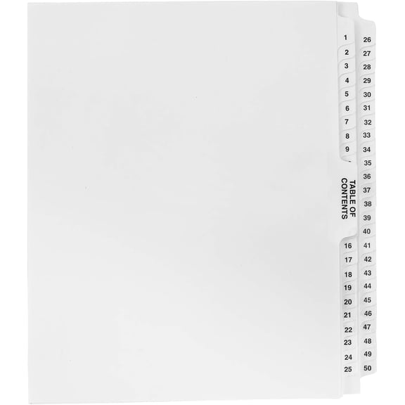 Exhibitindexes® Numbered Divider 1-50 Un-Punched - AVE Style Bold Tab - Side Collated Exhibit Tabs - Made in The USA | Letter Size - 1-50 - Sets Not Punched