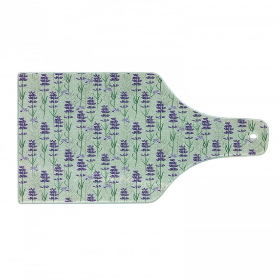 Lavender Cutting Board, Botanical Pattern with Fresh Herbs Aromatherapy Spa Theme, Decorative Tempered Glass Cutting and Serving Board, Wine Bottle Shape, Pale Sage Green Violet, by Ambesonne