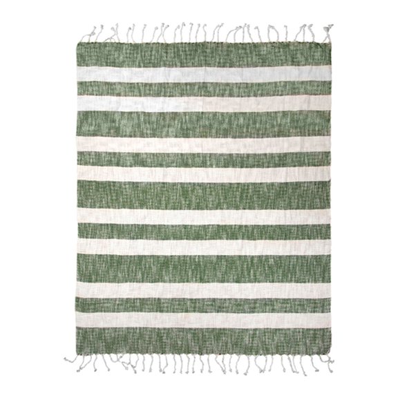 Green and White Stripe Rectangular Cotton Throw Blanket with Fringed Border 50" x 60"