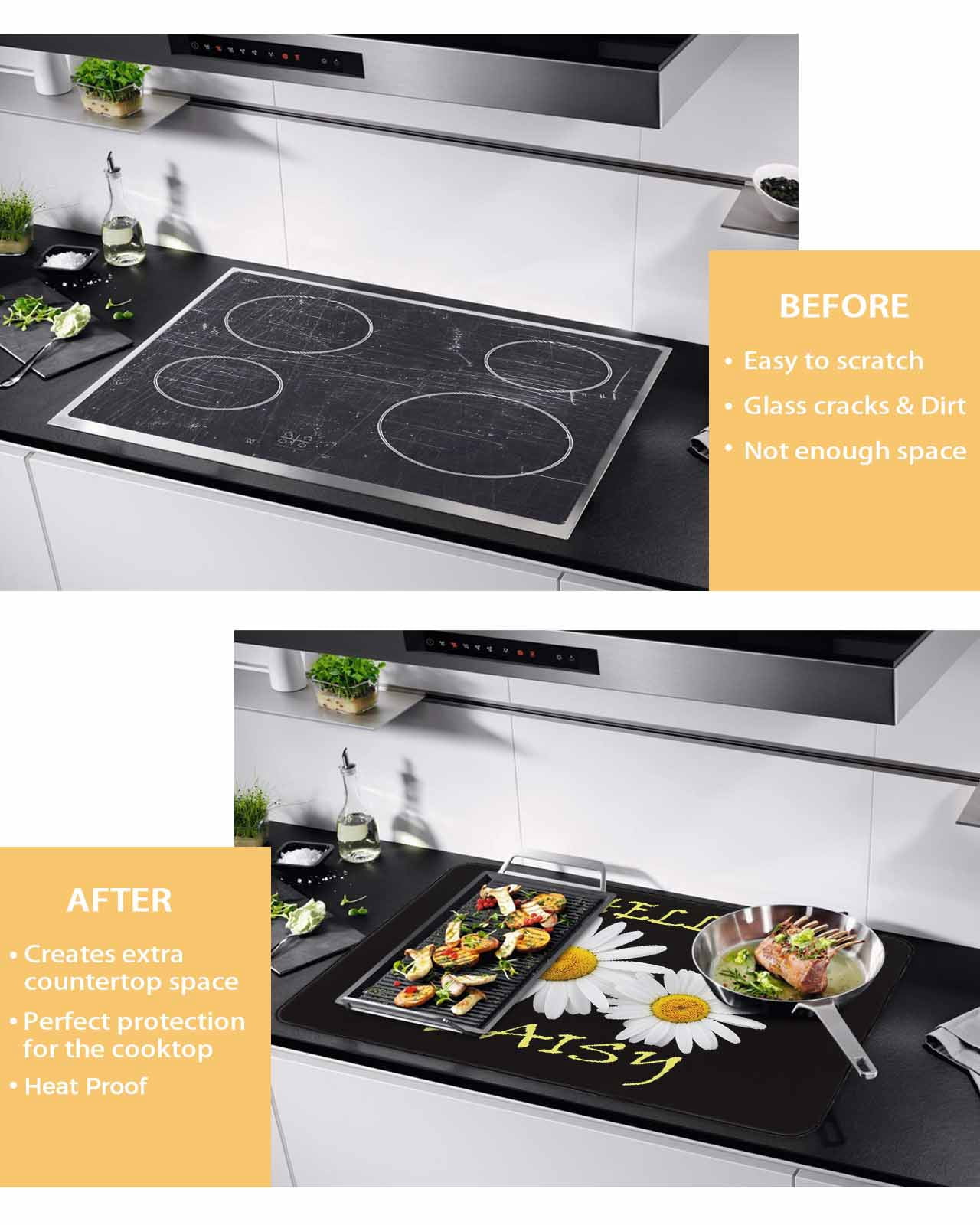 Large Induction Cooktop Protector Mat White Daisy Stove Top Covers for Electric Stove, Spring Hello Daisy Floral Black Decorative Stove Burner Cover Mats, Glass Top Stove Cover