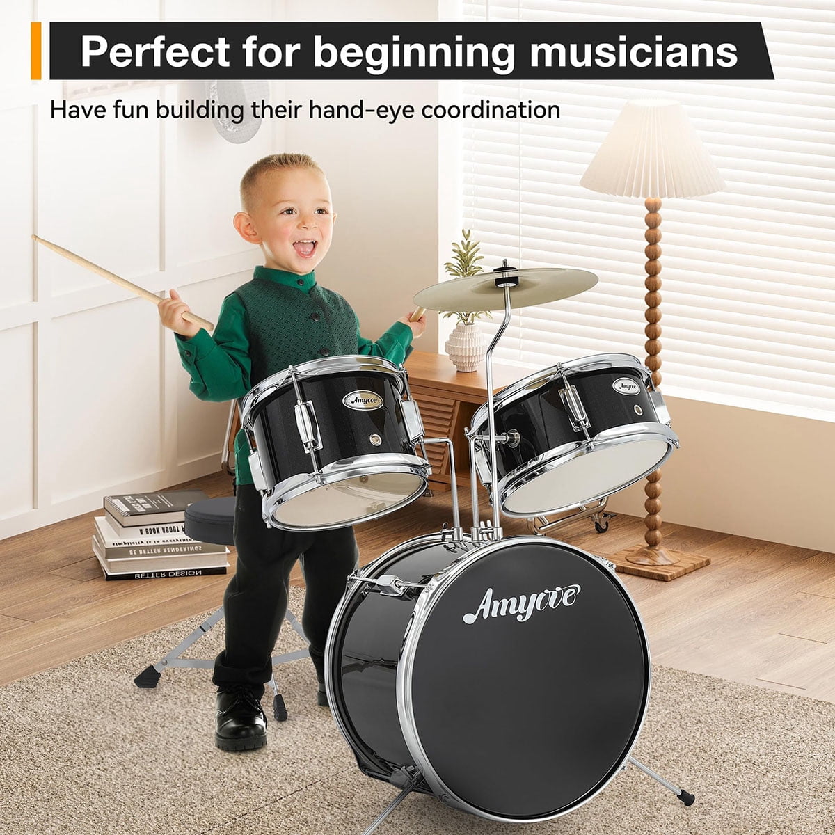 Danolapsi 3 Piece Kids Drum Set with Cymbal, 2 Drumsticks, Pedal, 2 Tom,Beginner Junior Drum Kit with Throne Stool, Musical Instruments for Boys and Girls