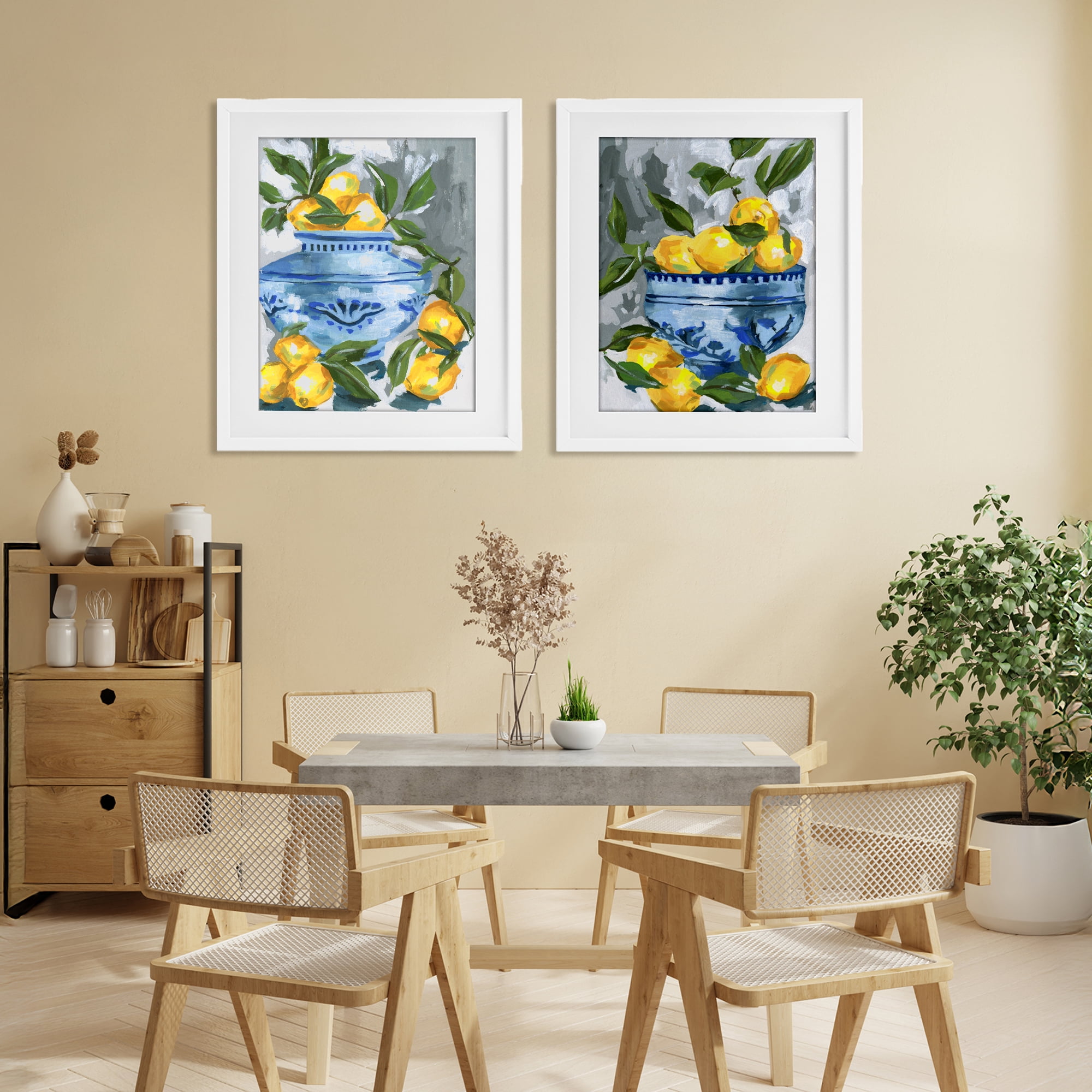 Stupell Industries Indigo & Lemon Citrus Fruits 2 Piece White Framed Print Under Glass Set, design by Melissa Wang