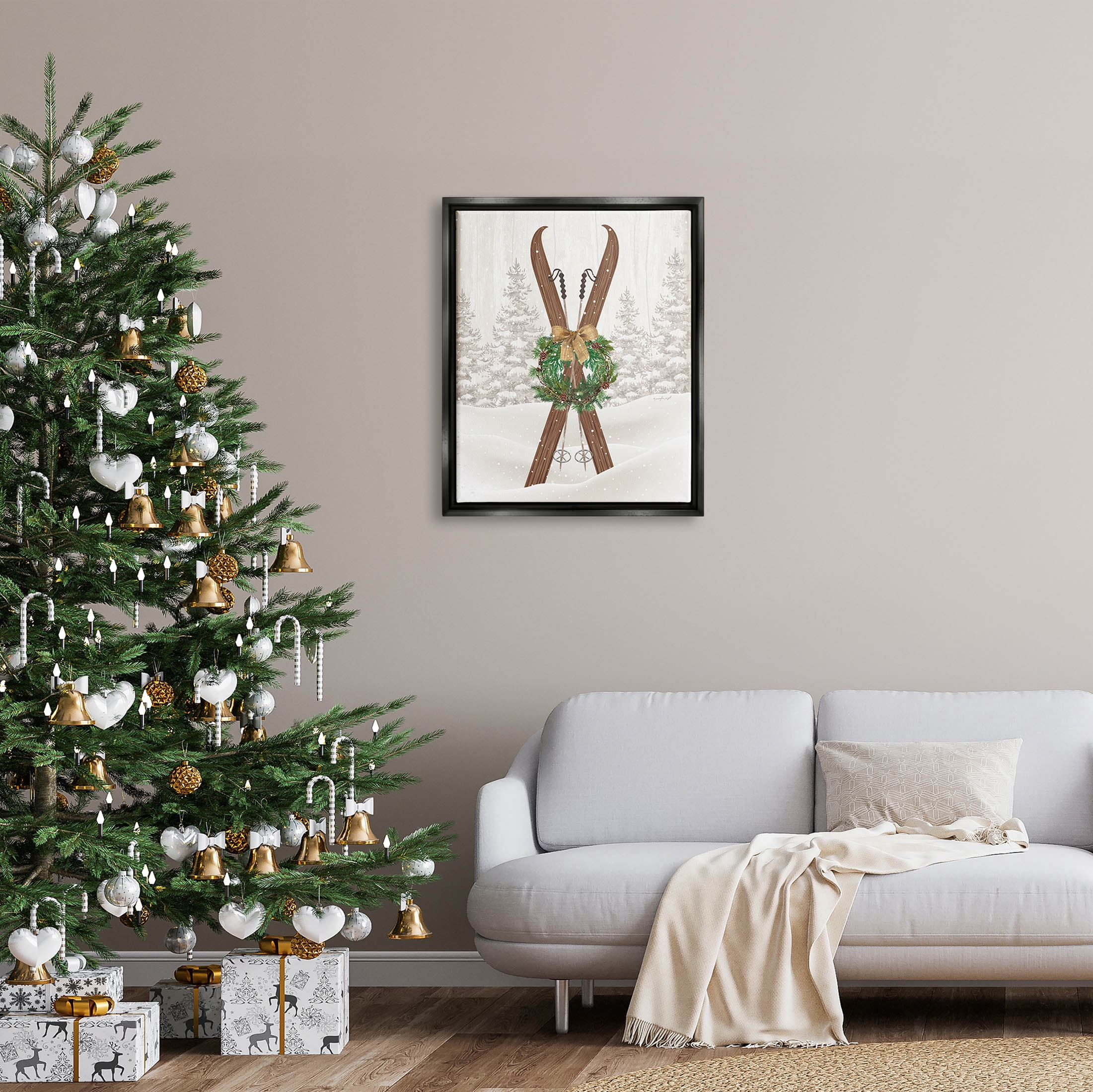 Stupell Industries Winter Skis Holiday Wreath Graphic Art Jet Black Floating Framed Canvas Print Wall Art, Design by Jennifer Pugh