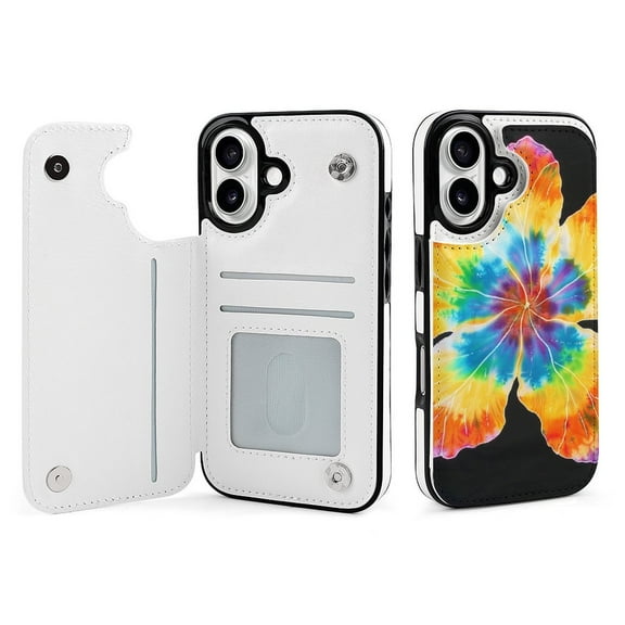 Compatible with iPhone 11 12 13 mini 14 15 16 Pro Max Plus Wallet Case with Card Holder, PU Leather Kickstand Card Slots Case ( Tie-Dye Petals, iPhone 16)