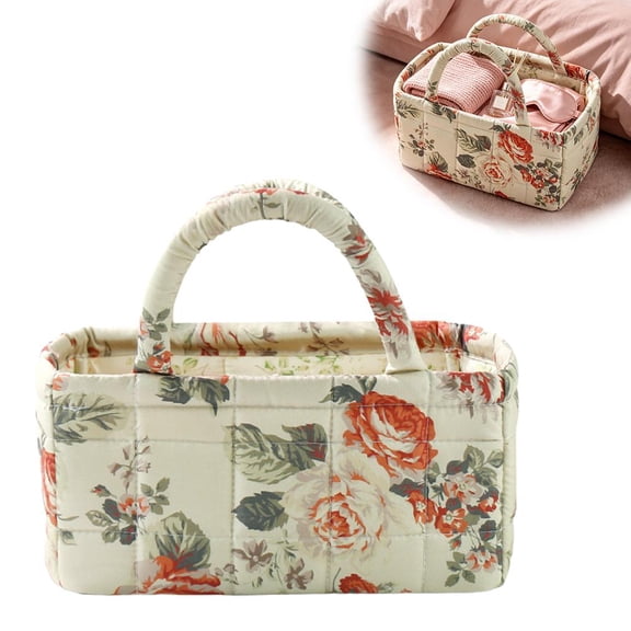 Floral Print Quilted Storage Basket - Foldable Snack Basket with Handles, Laundry Baskets, Bathroom Organizer, and Bedroom Essentials. Portable Storage Baskets