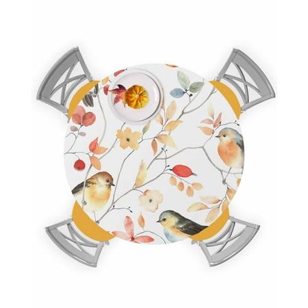 

Round Tablecloth with Elastic Flowers Birds Tree Branch White Waterproof Stain-proof Table Cover Wipeable Fitted Table Cloths for 36 -44 Round Tables Dining Kitchen