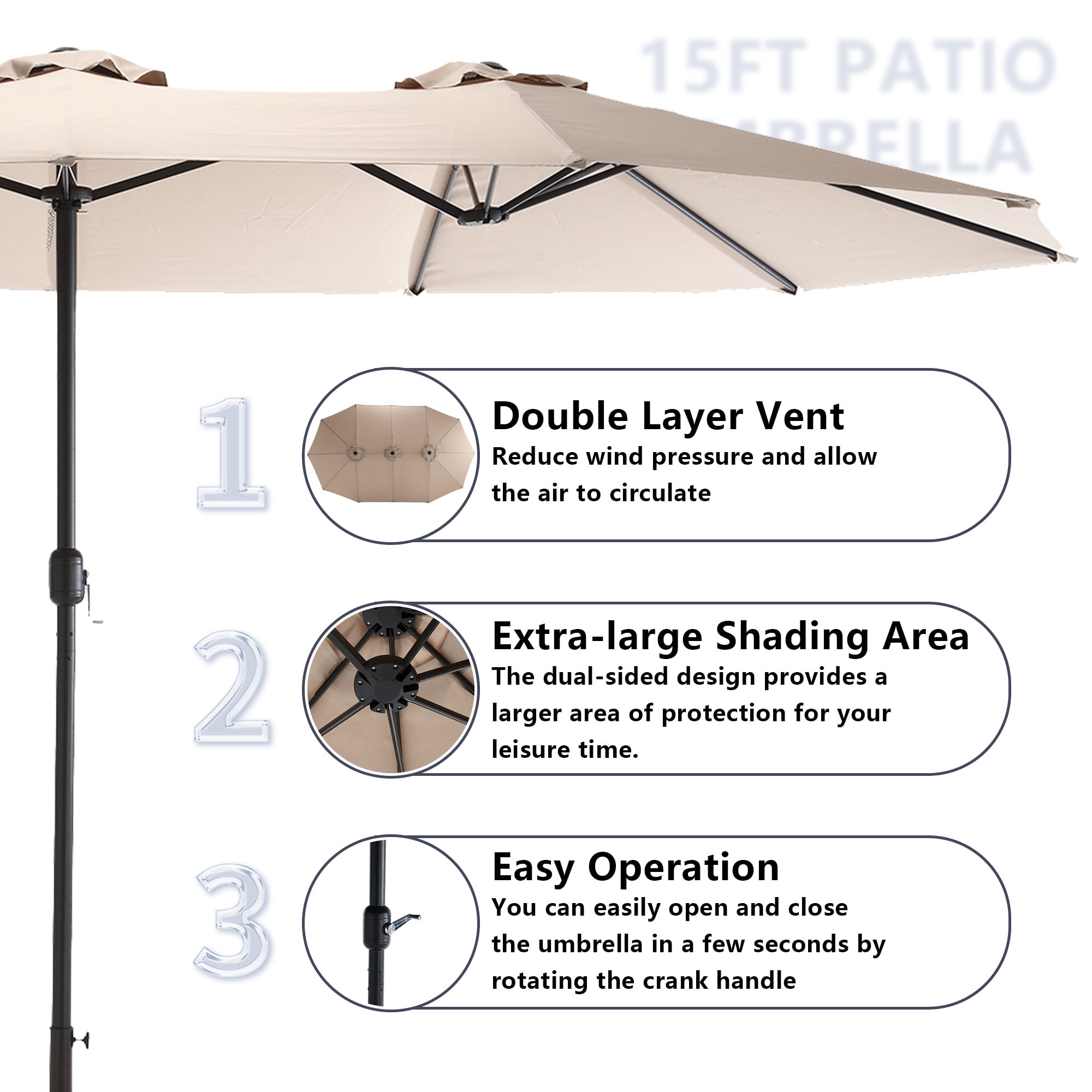15x9ft Double-Sided Patio Umbrella, Outdoor Market Umbrella, Large Sunbrella Table Umbrellas with Crank Air Vents for Deck Pool Patio,Khaki