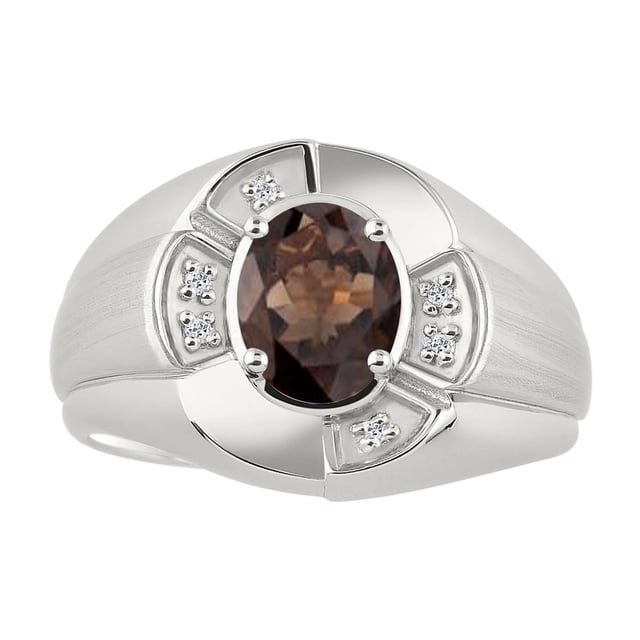 RYLOS 14K White Gold Ring 8X6MM Oval Gemstone & Diamond Unisex Rings Smoky Quartz June Birthstone Ring Size 8