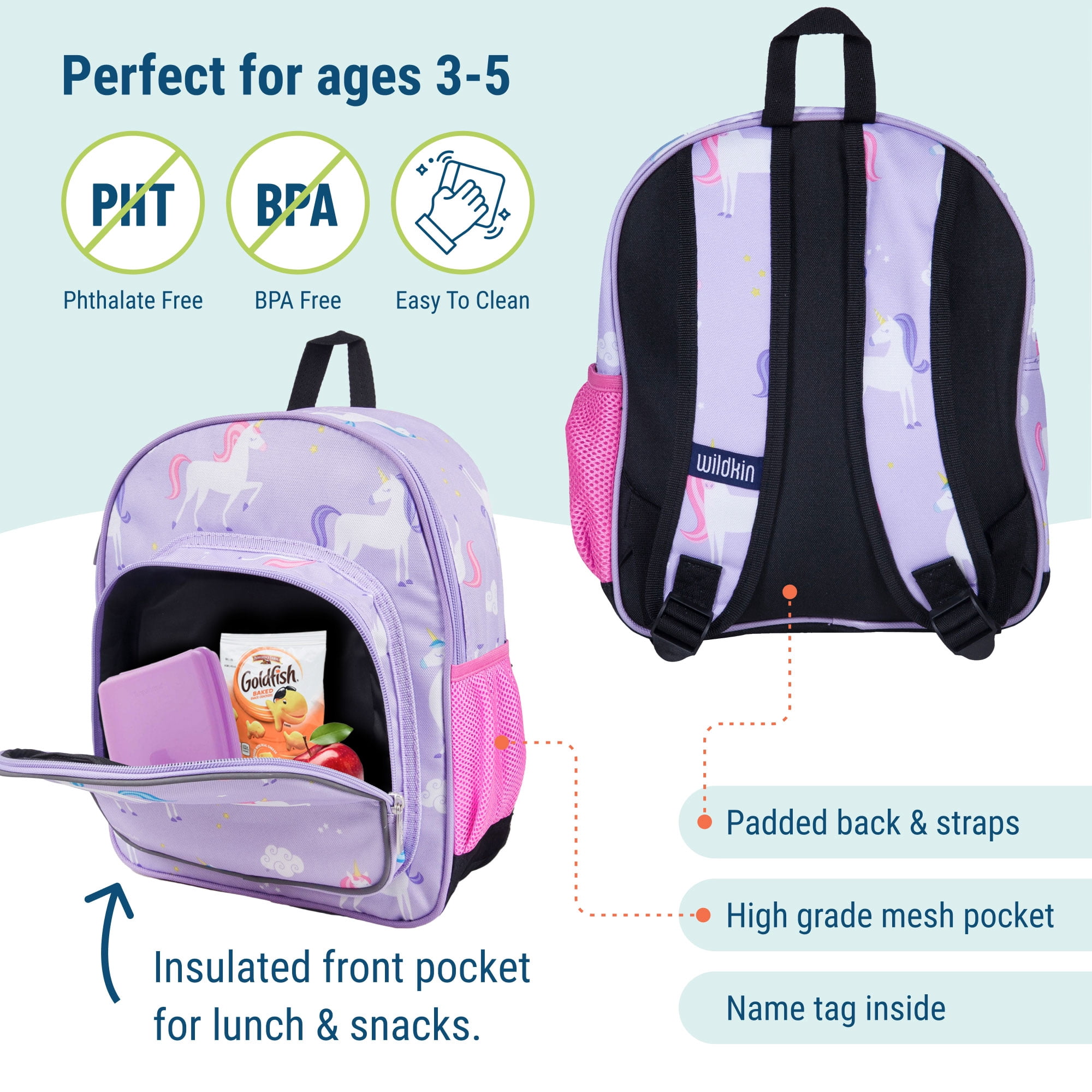 Wildkin Kids 12 Inch Backpack for Toddler Boys and Girls, Insulated Front Pocket (Unicorn Purple)