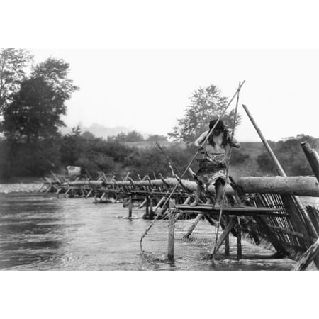 Hupa Fisherman 1923 Na Hupa Native American In California Catching Fish With A Fishing Weir Over The Trinity River In California Photograph By Edward Curtis 1923 Rolled Canvas Art -  (24 x (Best River Fishing In California)