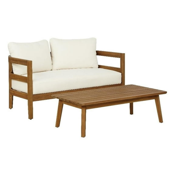 Linon Seacrest Loveseat and Table Set with Beige Cushions in Brown Acacia Wood